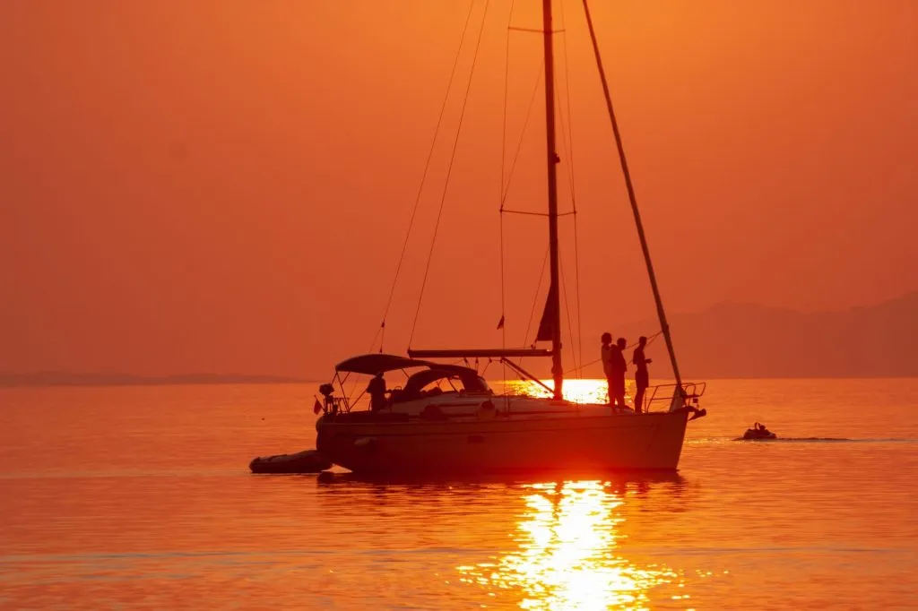 Sailing boat on sunset on Peljesac, Adriatic Sea, Croatia