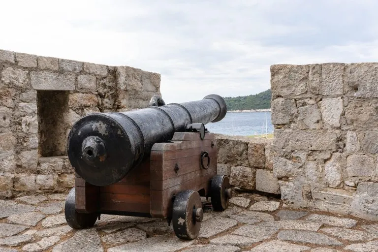 An old cannon stands in the fortress of Dubrovnik.