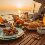 sunset party with drinks and food on a luxury yacht in open sea, ai tools generated image