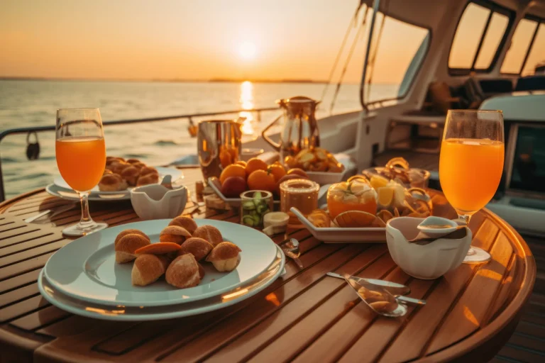 sunset party with drinks and food on a luxury yacht in open sea, ai tools generated image