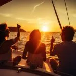 Gruppo di amici che si divertono in barca yach di lusso. Giovani uomini e donne si godono il viaggio, la vacanza, il viaggio in barca yacht a vela in mare, oceano al tramonto in estate