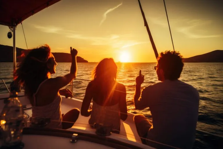 Gruppe von Freunden, die Spaß in Luxus-Jacht Boot. Junge Männer und Frauen genießen Reisen, Urlaub, Reisen auf Boot Yacht Segeln im Meer, Ozean bei Sonnenuntergang im Sommer